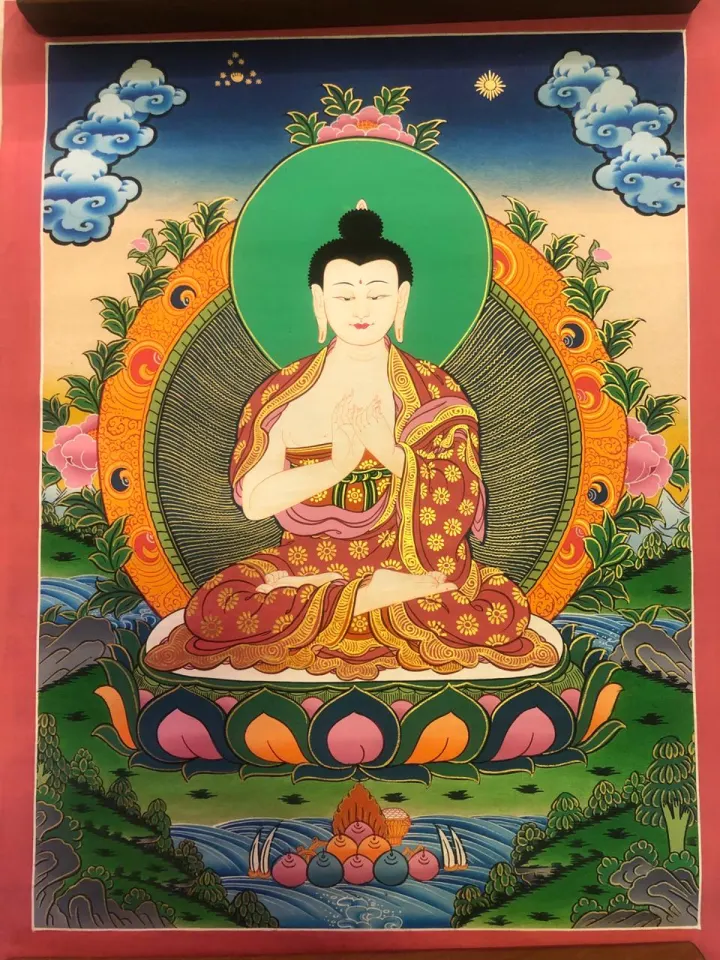 Detailed hand-painted Buddhist thangka artwork